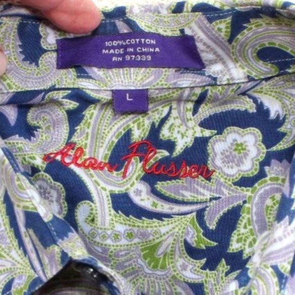 Alan Flusser Mens Large Paisley Floral Button-Up Shirt 100% Cotton Blue Purple G - Picture 3 of 7